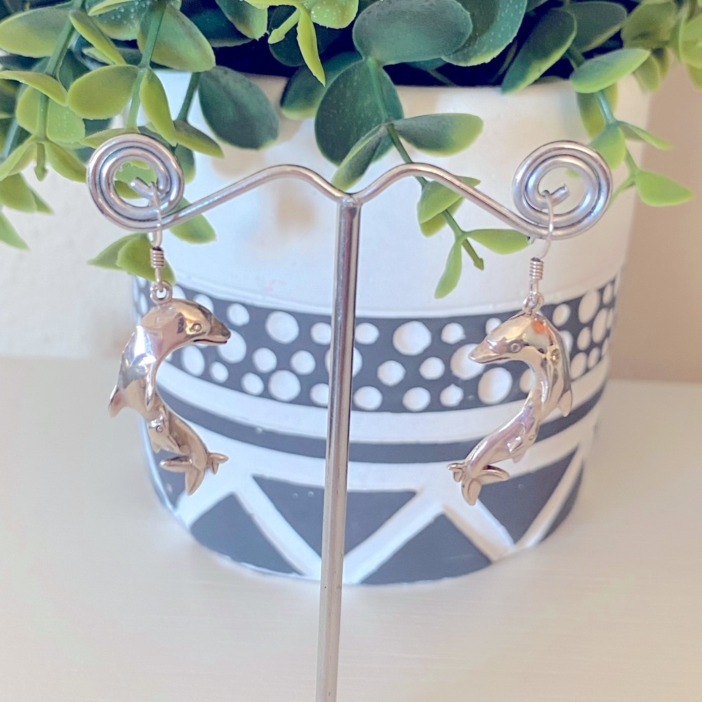 Vintage Sterling Silver 925 Dolphin dangle hook earrings 1.5” lightweight